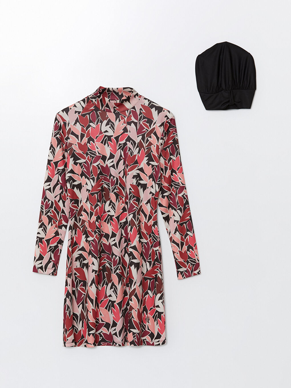 Pembe Dik Yaka Desenli Kadın Tesettür Mayo Takımı-5