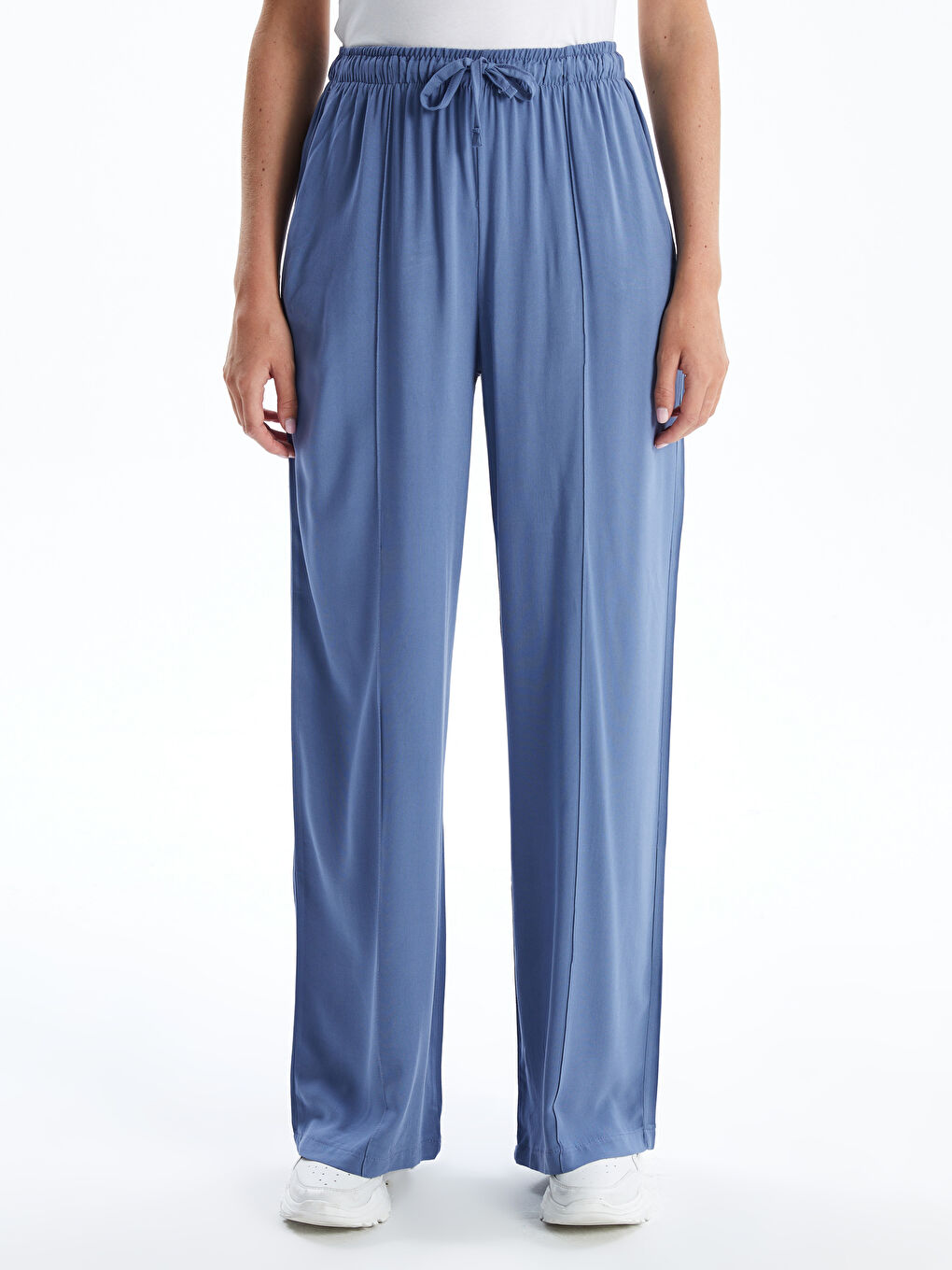 Mavi Beli Lastikli Geniş Paça Kadın Pantolon-1
