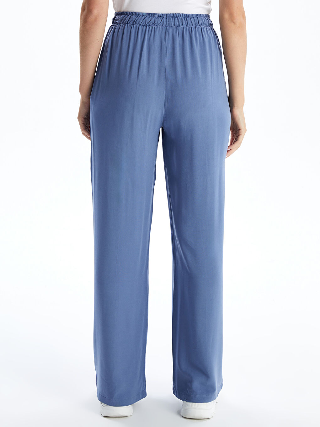 Mavi Beli Lastikli Geniş Paça Kadın Pantolon-3