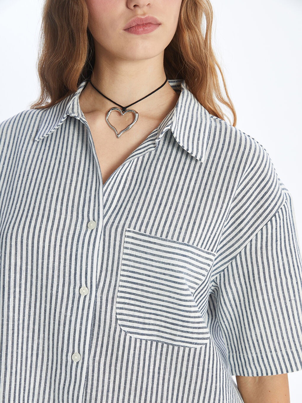 әйелдерге арналған жолақты қысқа жең зығыр қоспасы жейде-3