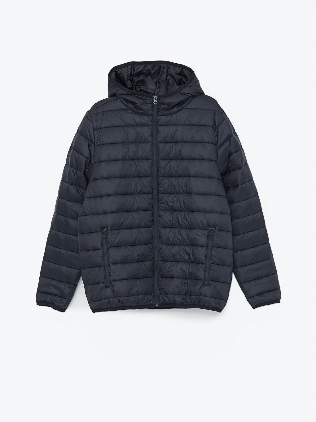 Siyah Standart Kalıp Kapüşonlu Erkek Şişme Mont-11