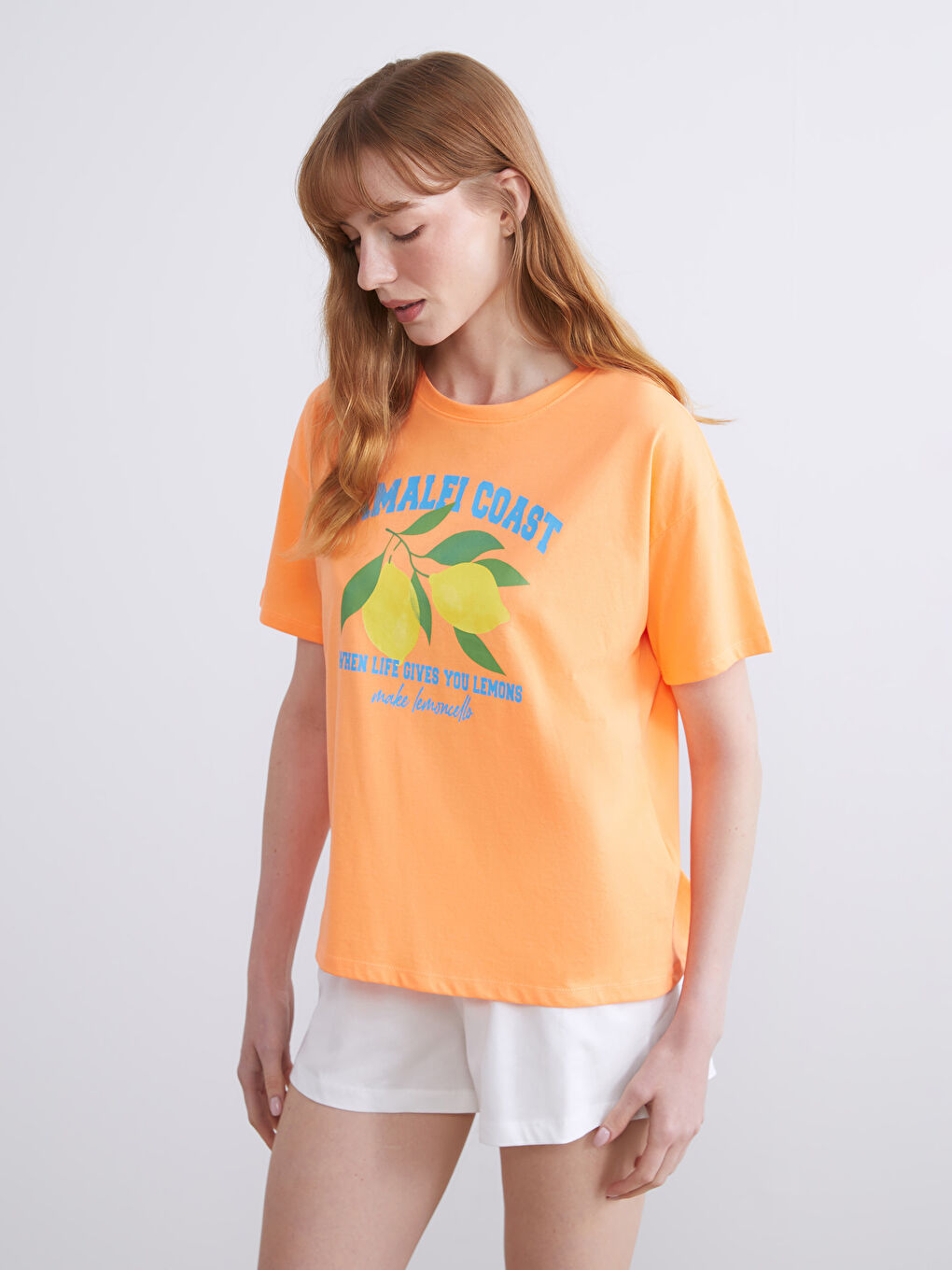 Turuncu Bisiklet Yaka Baskılı Kadın Pijama Üstü