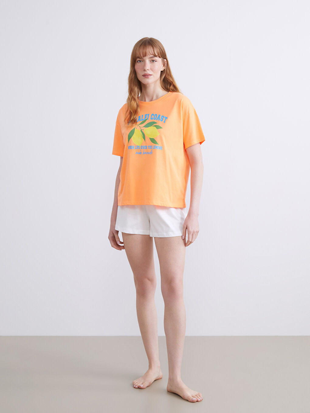 Turuncu Bisiklet Yaka Baskılı Kadın Pijama Üstü-1