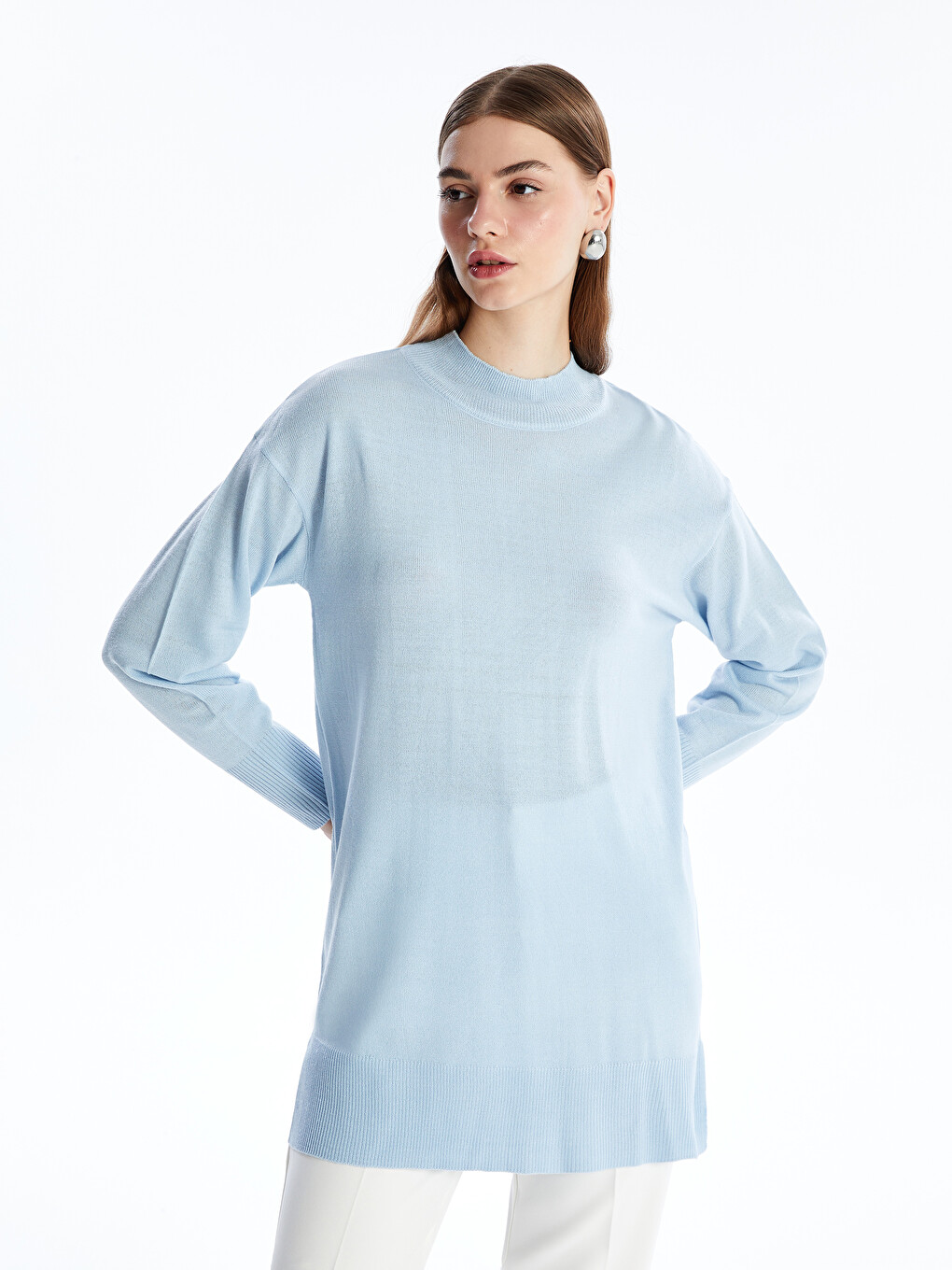 Half Turtleneck Plain Long Sleeve Women's Knitwear Tunic