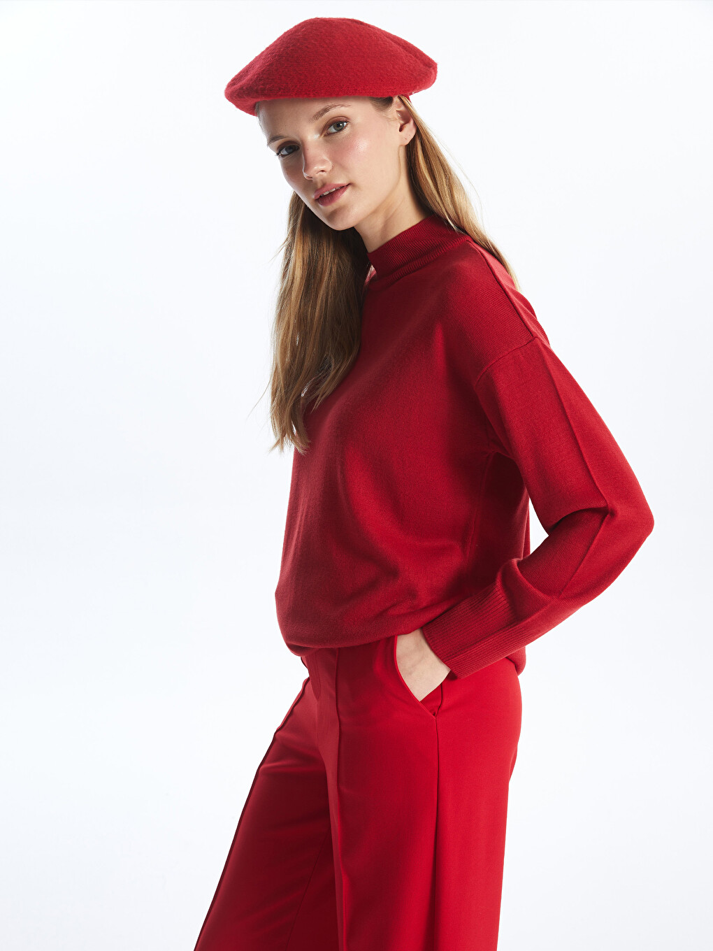 Half Turtleneck Plain Long Sleeve Women's Knitwear Tunic