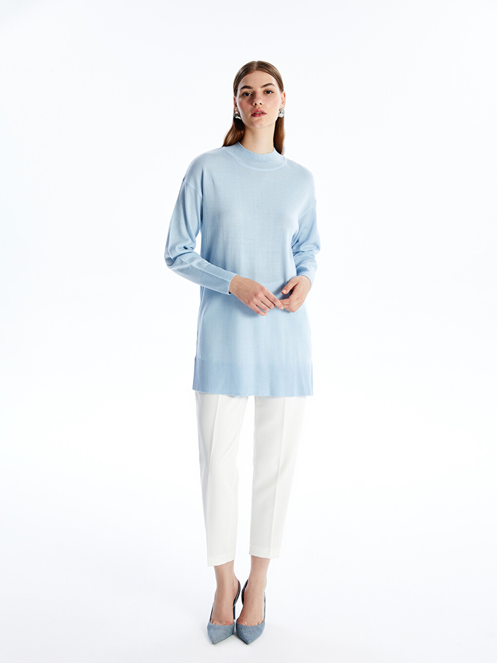 Half Turtleneck Plain Long Sleeve Women's Knitwear Tunic-1