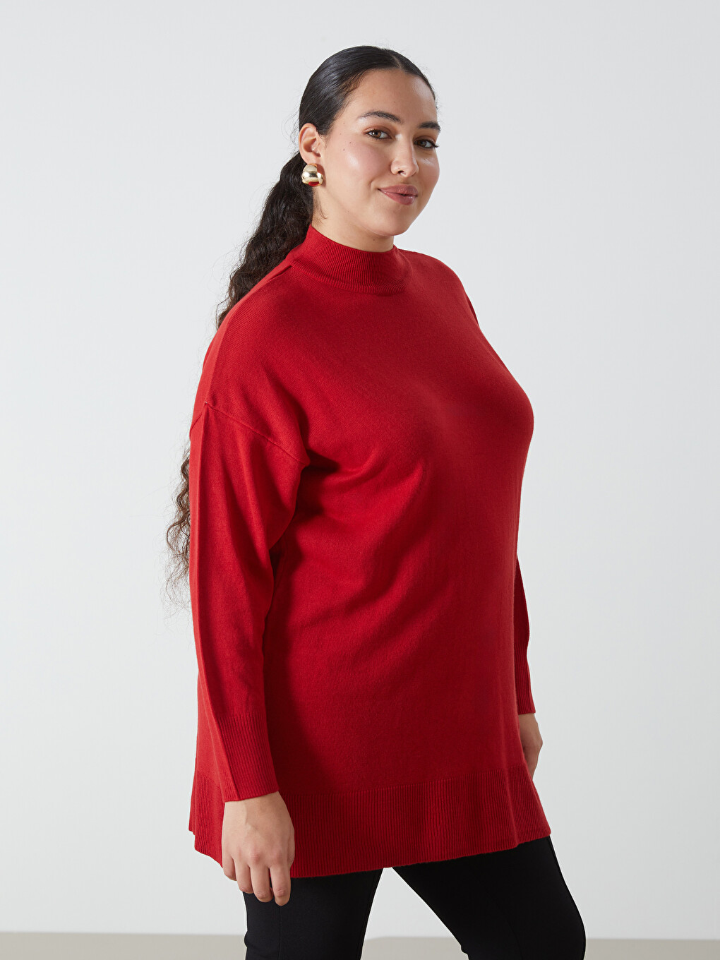 Half Turtleneck Plain Long Sleeve Women's Knitwear Tunic-1