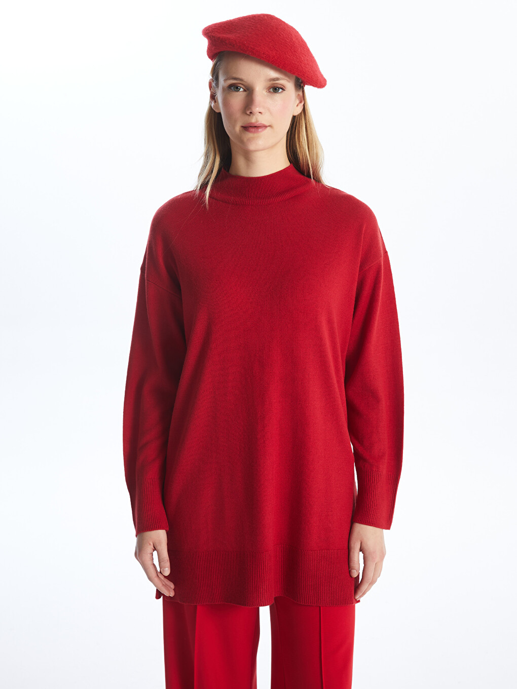 Half Turtleneck Plain Long Sleeve Women's Knitwear Tunic-2