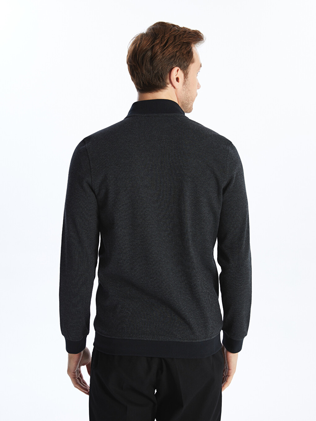 Siyah Dik Yaka Uzun Kollu Erkek Fermuarlı Sweatshirt-3