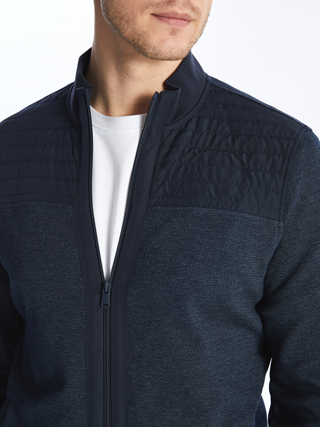 Lacivert Dik Yaka Uzun Kollu Erkek Fermuarlı Sweatshirt-3