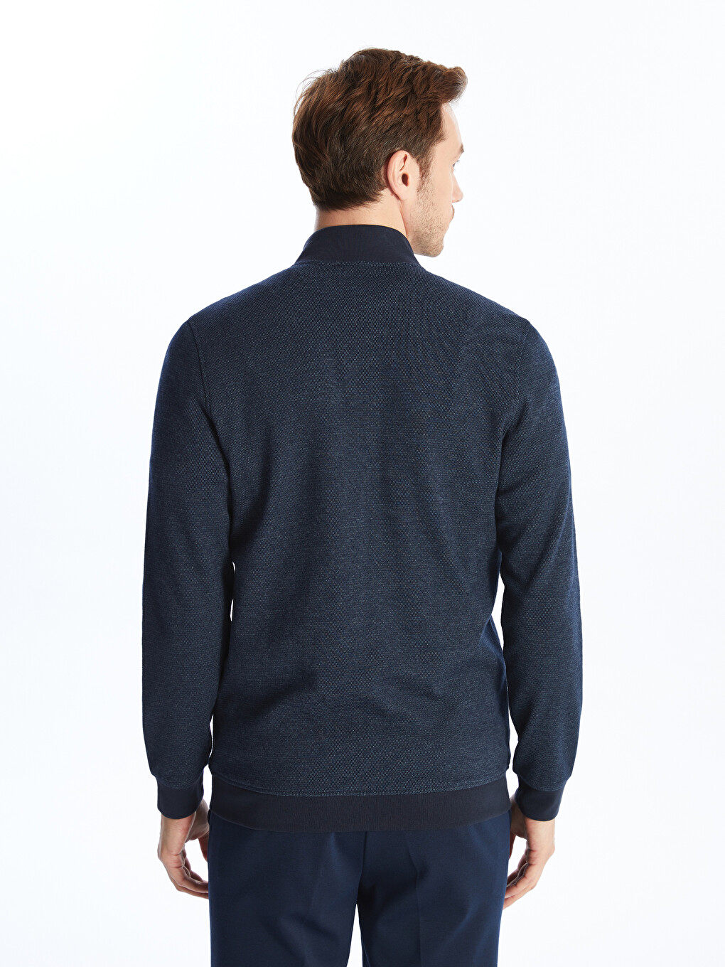 Lacivert Dik Yaka Uzun Kollu Erkek Fermuarlı Sweatshirt-4
