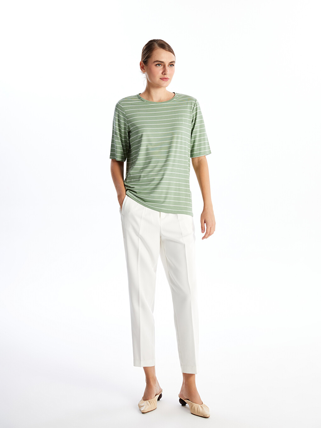Crew Neck Striped Short Sleeve Women's T-shirt-1