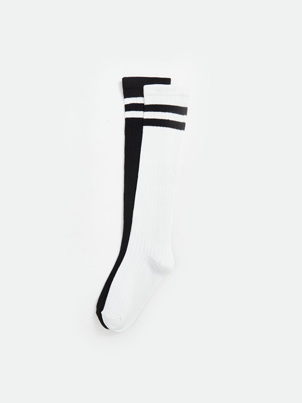 Ekru Çizgili Kız Çocuk Diz Altı Çorap 2'li-1