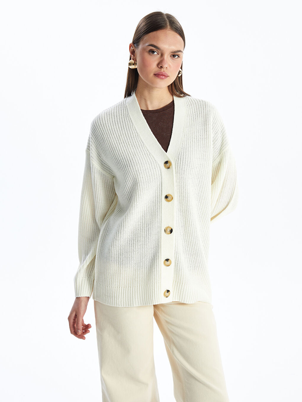 V Yaka Oversize Kadın Triko Hırka-1