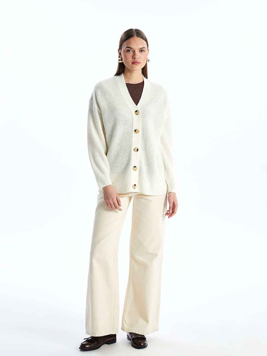 V Yaka Oversize Kadın Triko Hırka-2