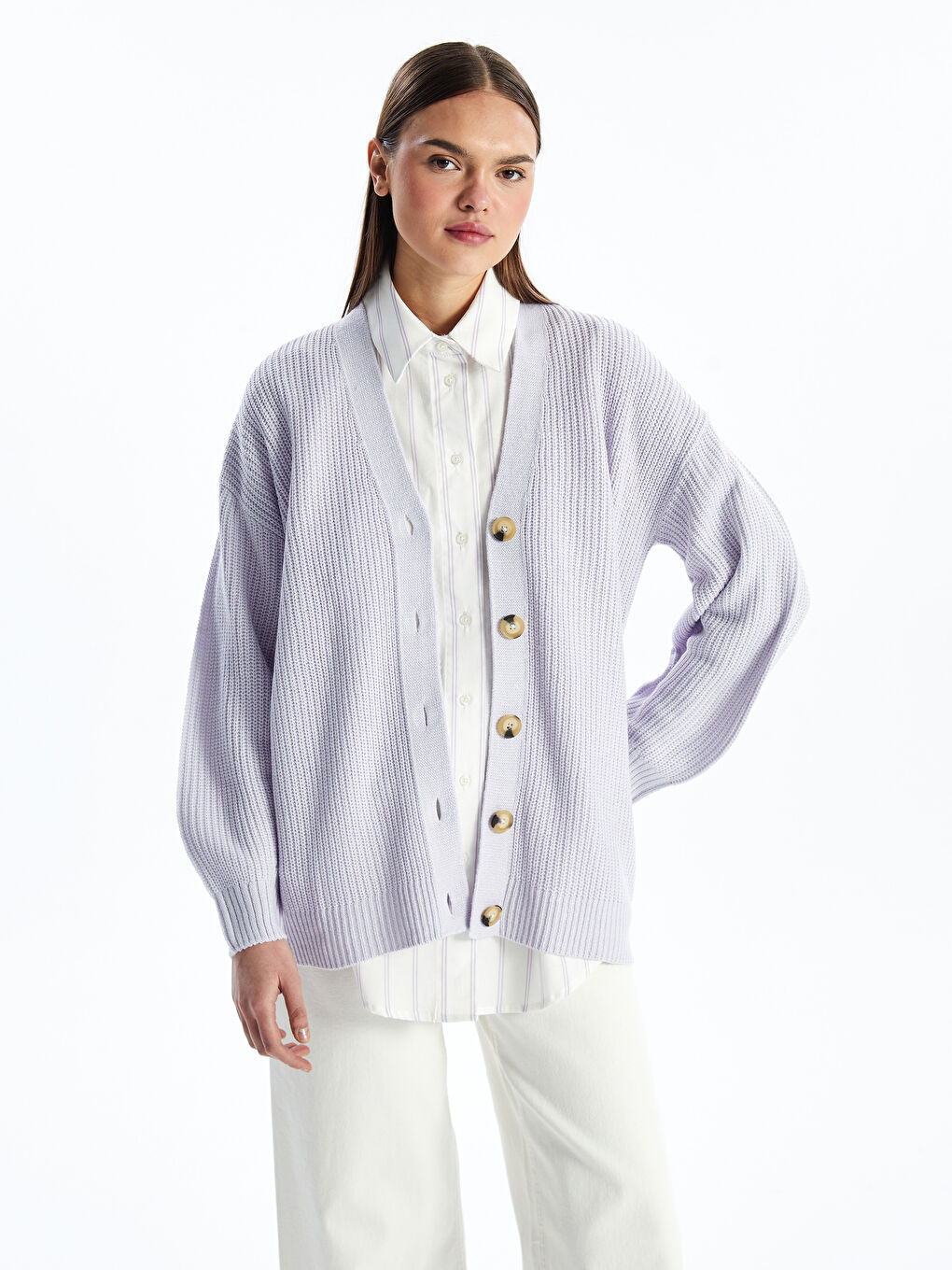 Cardigan en Tricot Oversize pour Femmes à Encolure en V-1