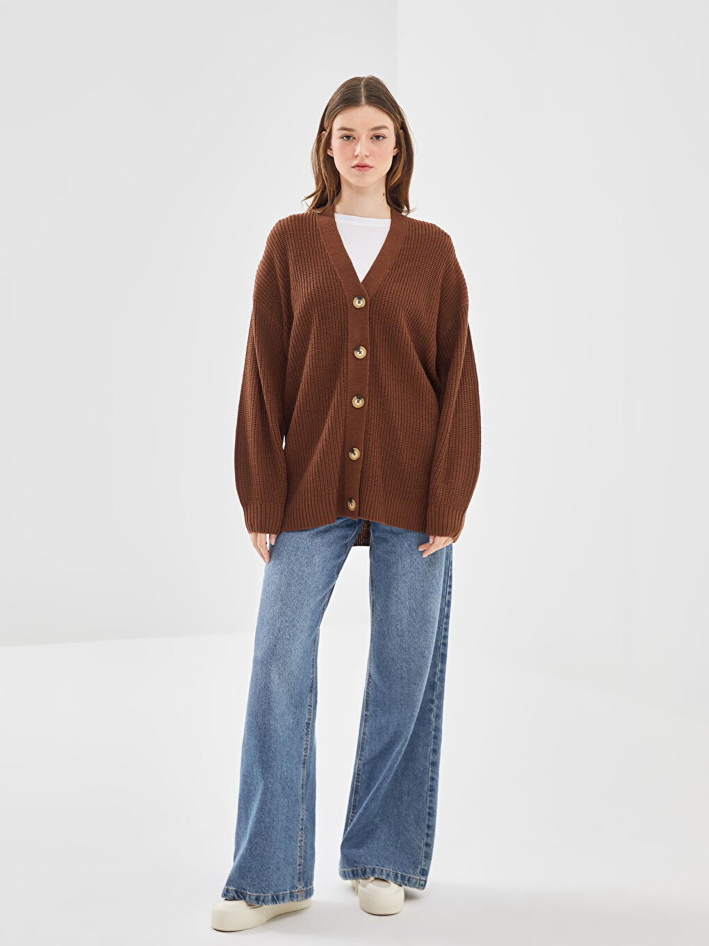 Cardigan en Tricot Oversize pour Femmes à Encolure en V-1