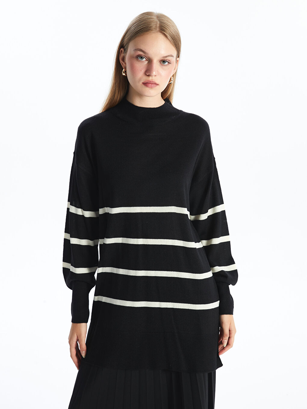 LCW Modest Half Turtleneck Striped Long Sleeve Women's Knitwear Tunic -W40028Z8-LEG