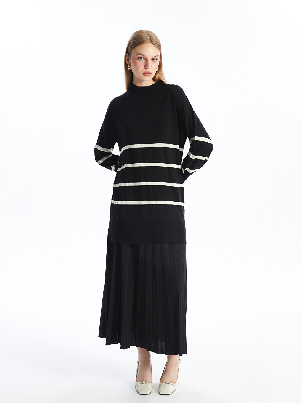 LCW Modest Half Turtleneck Striped Long Sleeve Women's Knitwear Tunic -W40028Z8-LEG