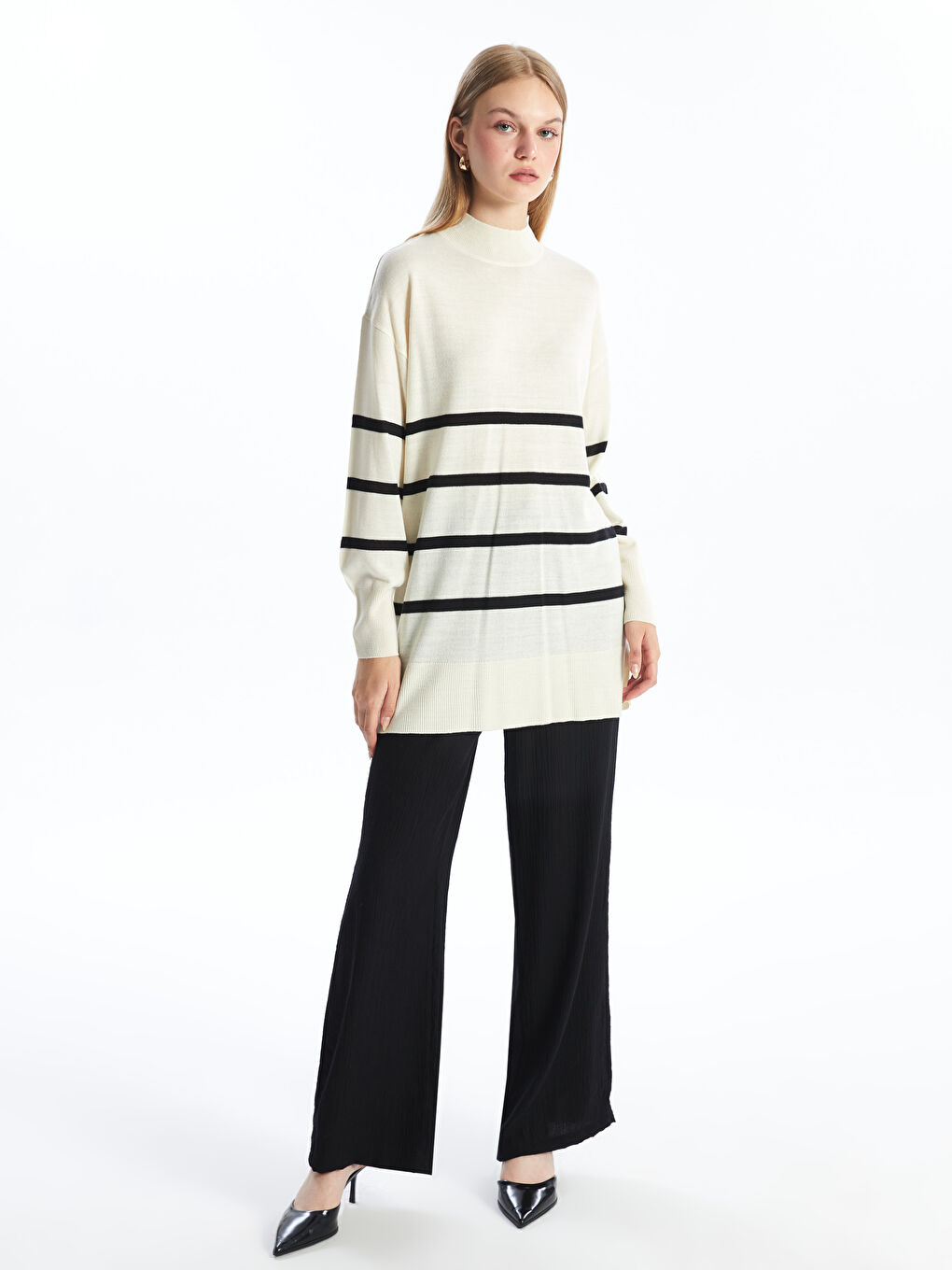 Half Turtleneck Striped Long Sleeve Women's Knitwear Tunic-1