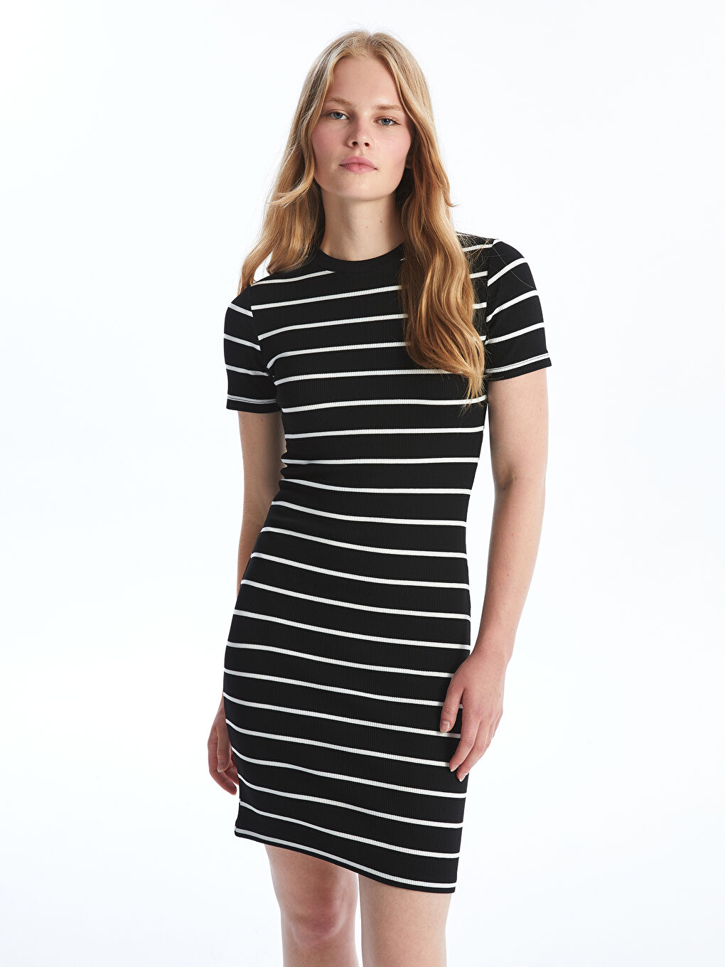 Crew Neck Striped Short Sleeve Women's Bodycon Dress -S4FL75Z8-LEG