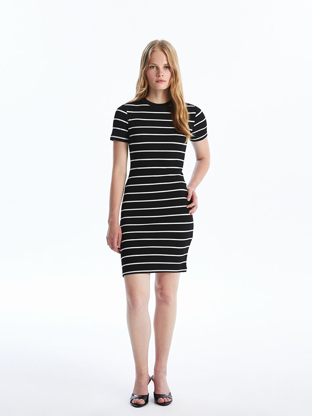 Crew Neck Striped Short Sleeve Women's Bodycon Dress -S4FL75Z8-LEG