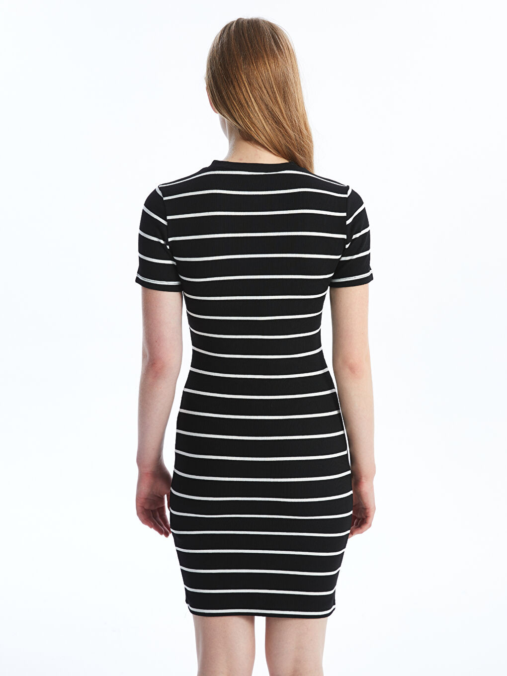 Crew Neck Striped Short Sleeve Women's Bodycon Dress -S4FL75Z8-LEG