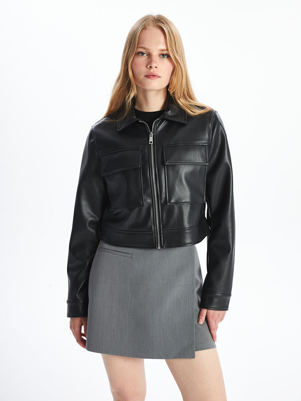Collared Neck Women's Faux Leather Jacket