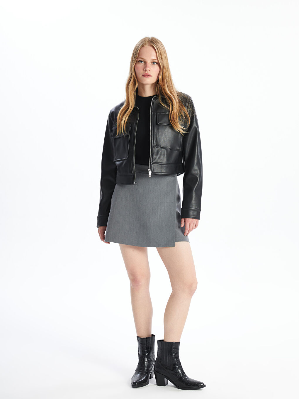 Collared Neck Women's Faux Leather Jacket-1