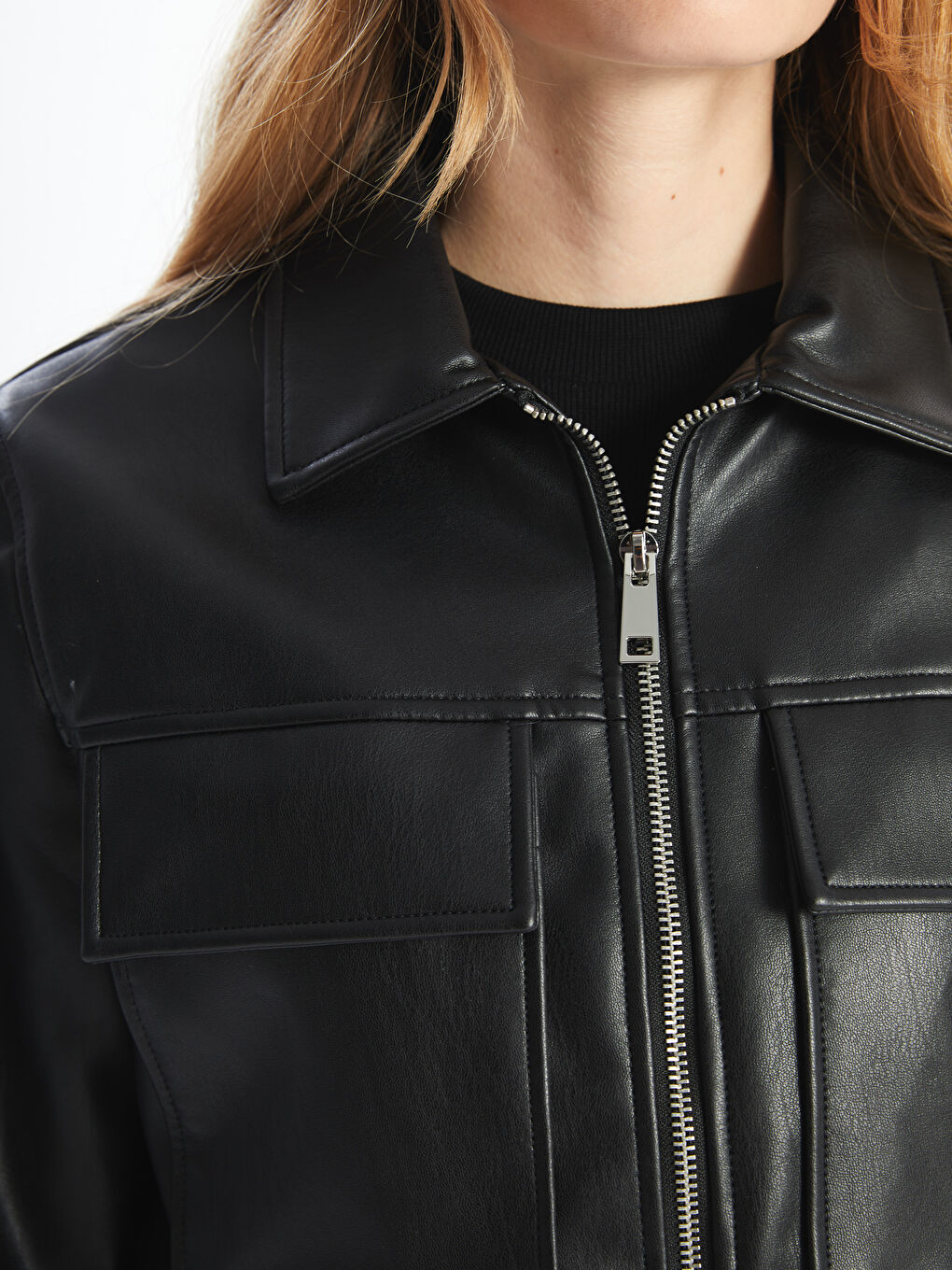 Collared Neck Women's Faux Leather Jacket-2