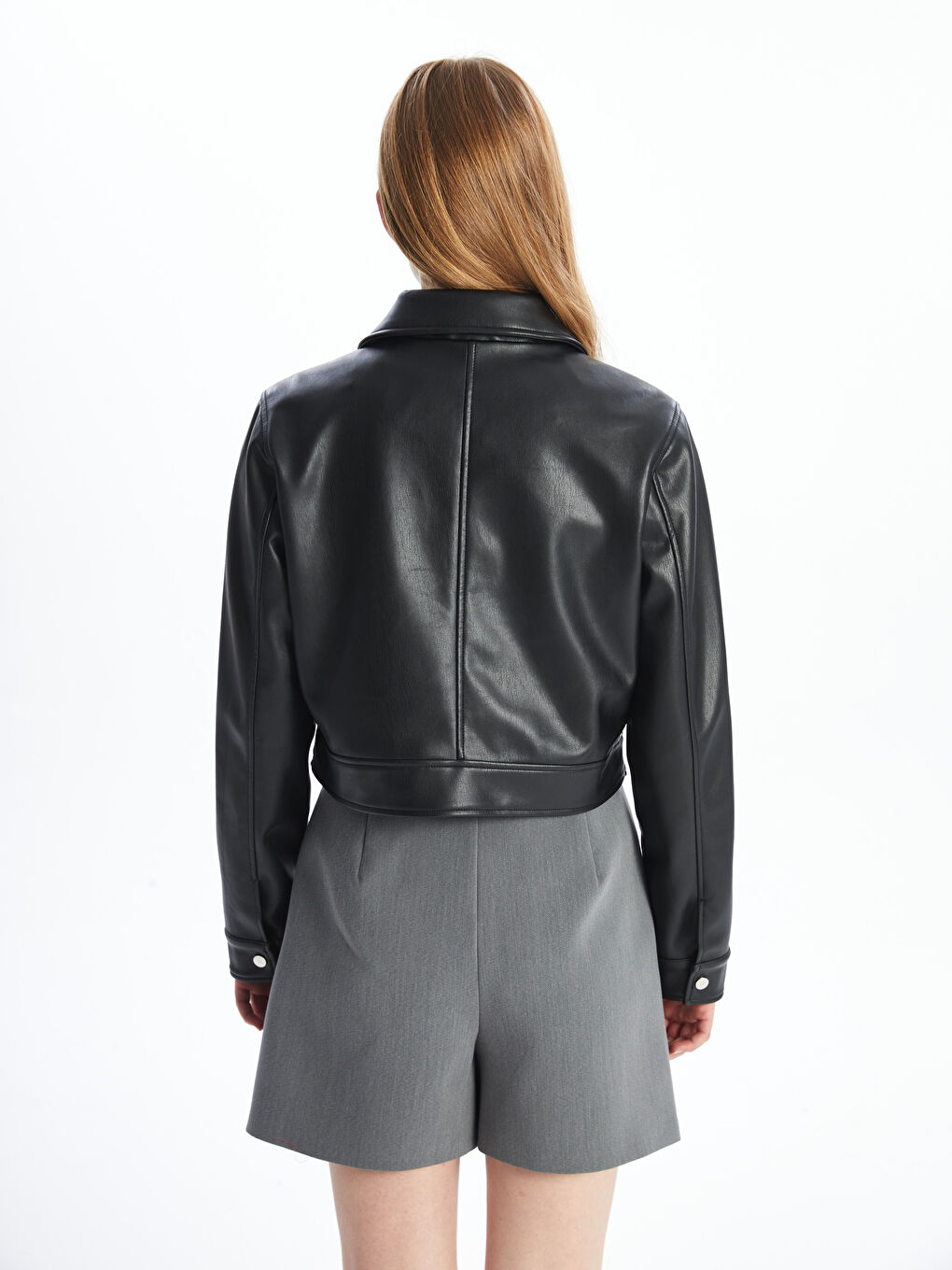 Collared Neck Women's Faux Leather Jacket-4