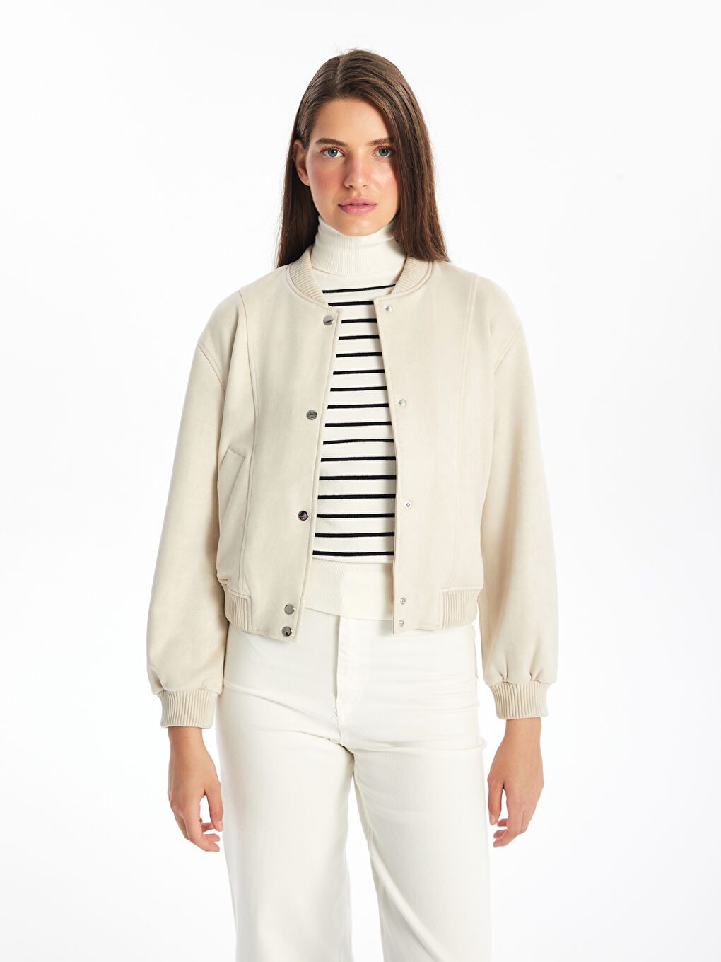 جاكيت بومبر نسائي من جلد سويدي صناعي بياقة كلية