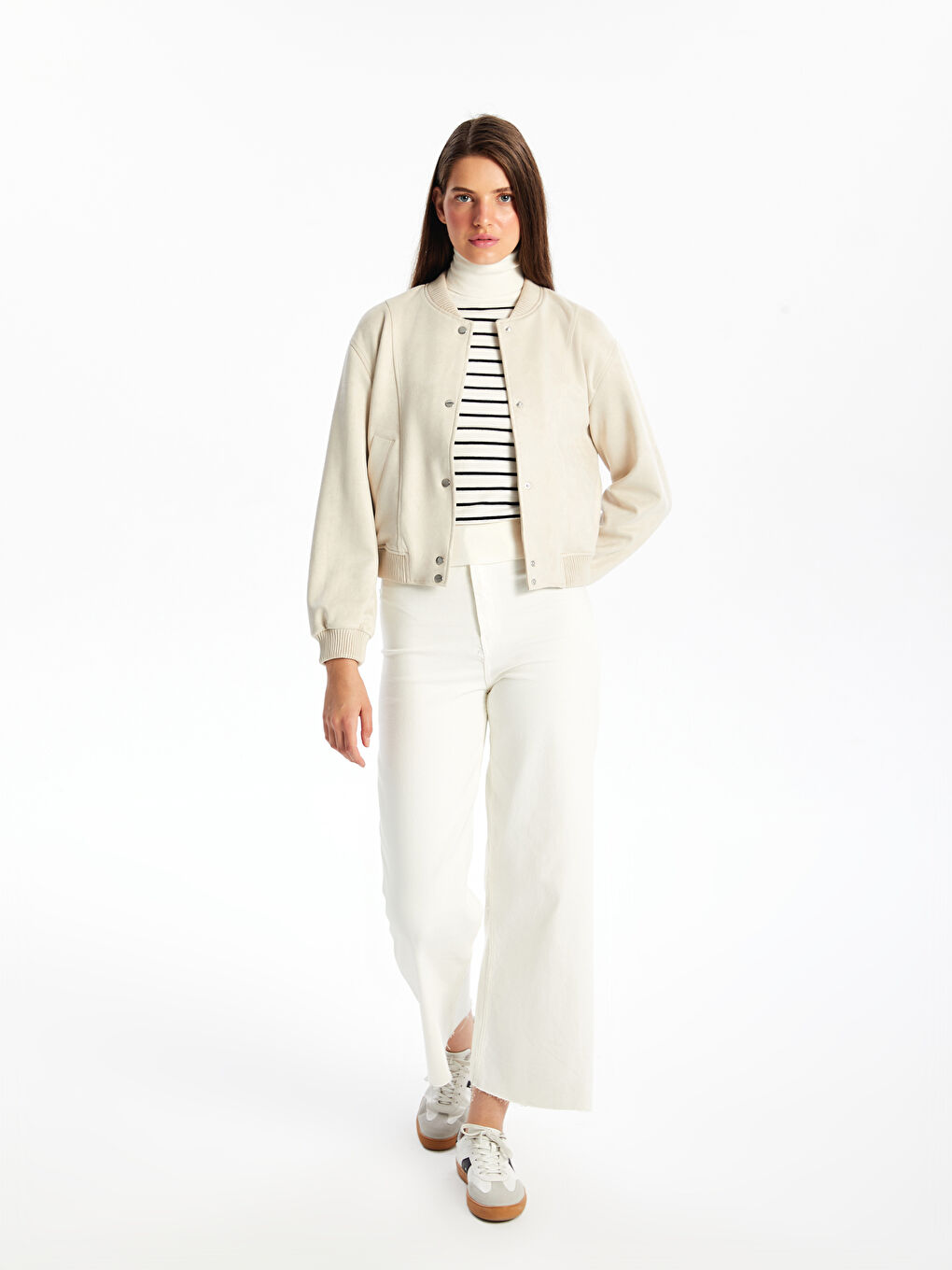 جاكيت بومبر نسائي من جلد سويدي صناعي بياقة كلية-1