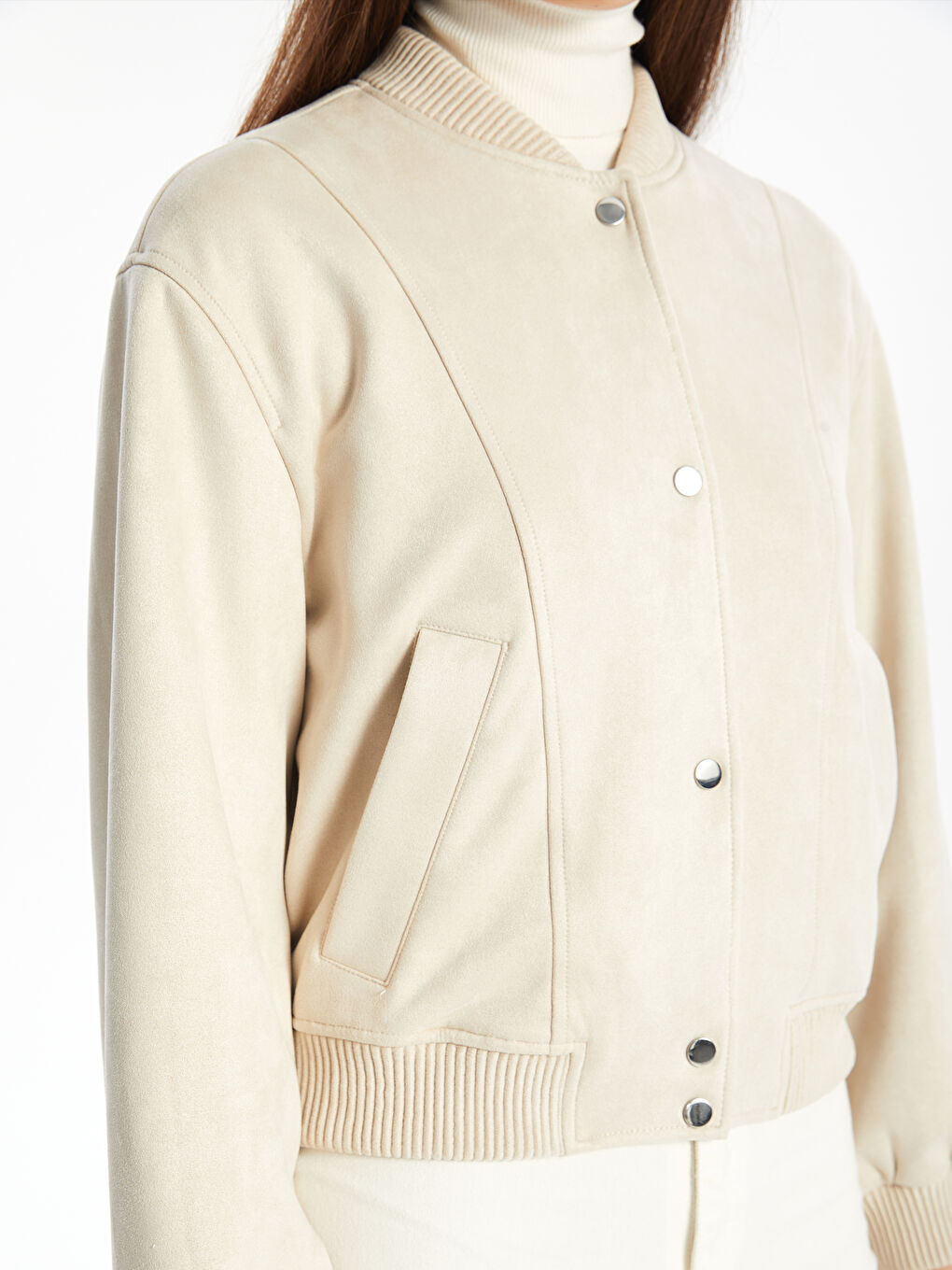 جاكيت بومبر نسائي من جلد سويدي صناعي بياقة كلية-3