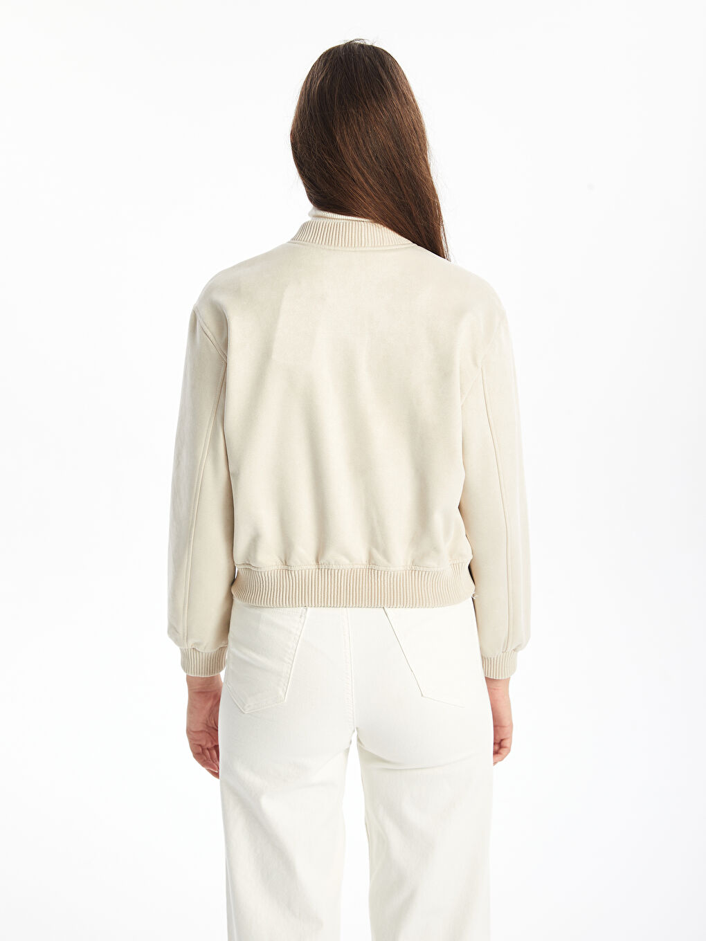 جاكيت بومبر نسائي من جلد سويدي صناعي بياقة كلية-4