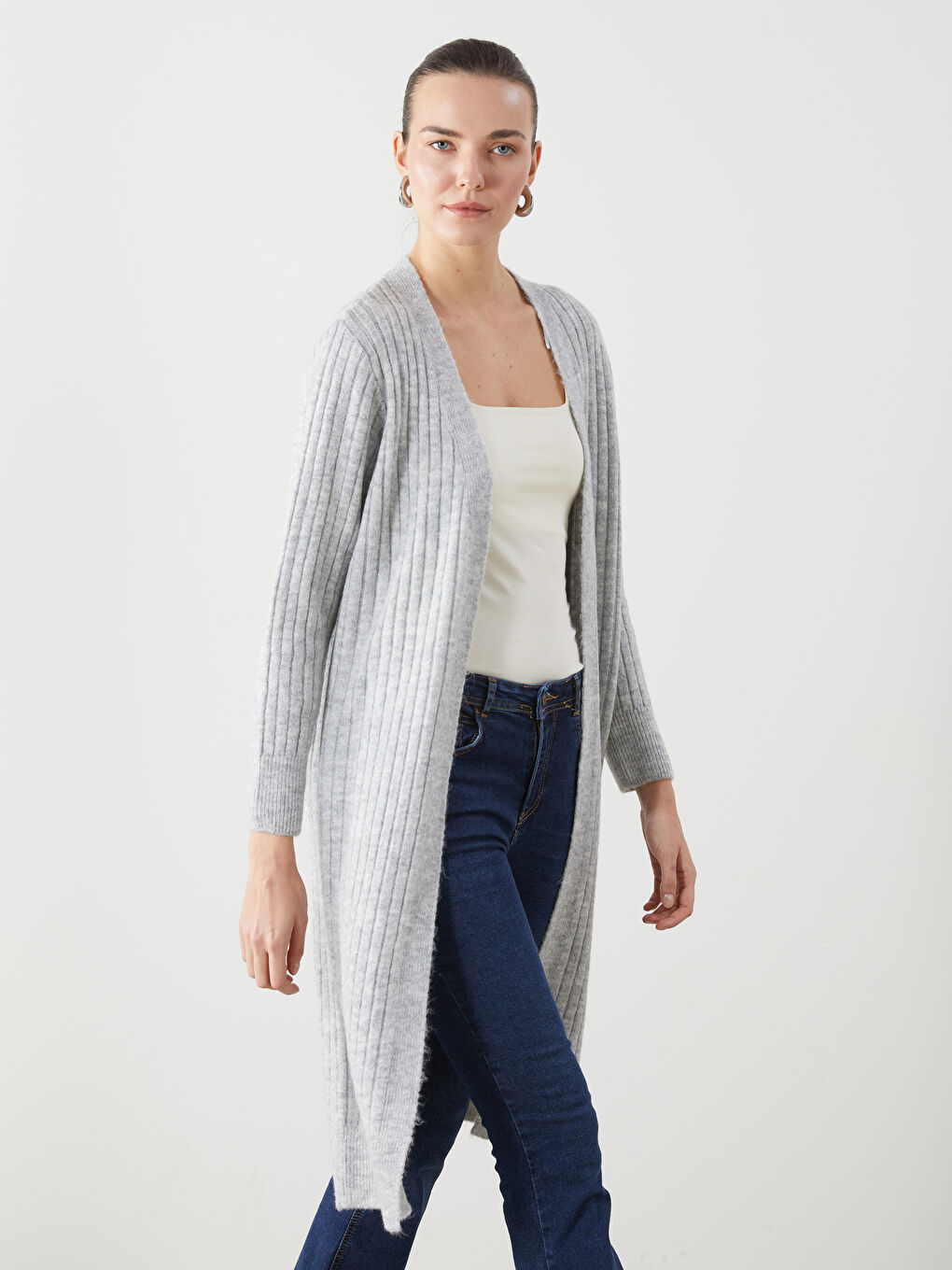 Gri Şal Yaka Oversize Kadın Triko Hırka