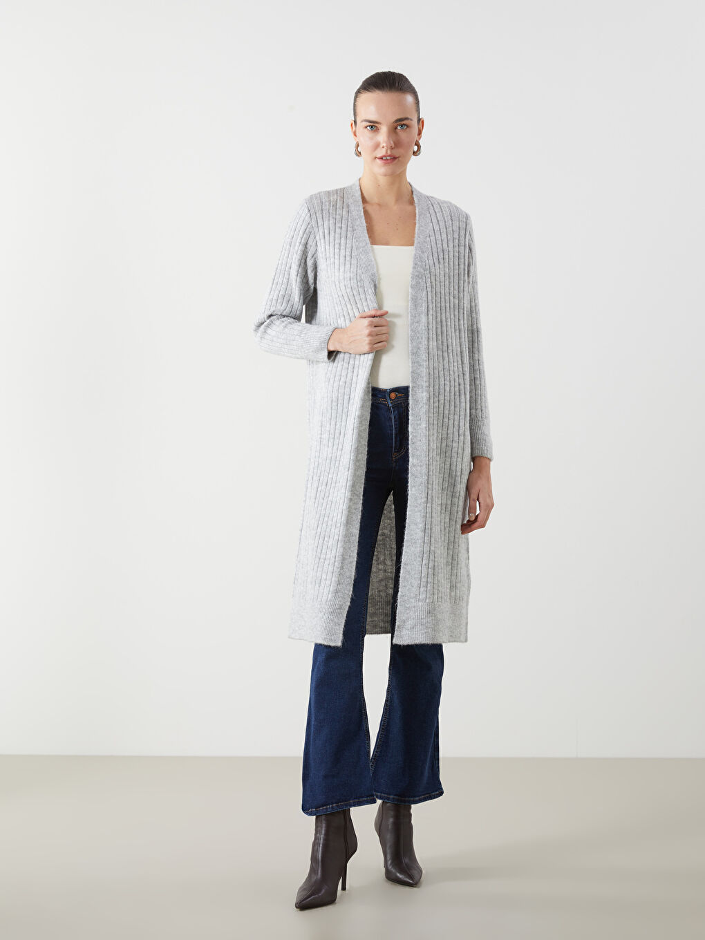 Gri Şal Yaka Oversize Kadın Triko Hırka-1