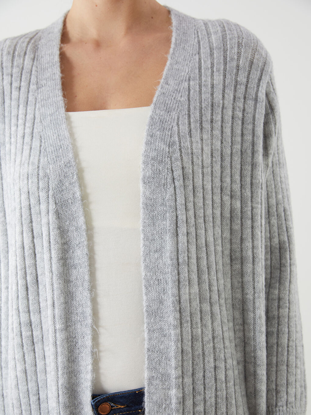 Gri Şal Yaka Oversize Kadın Triko Hırka-2