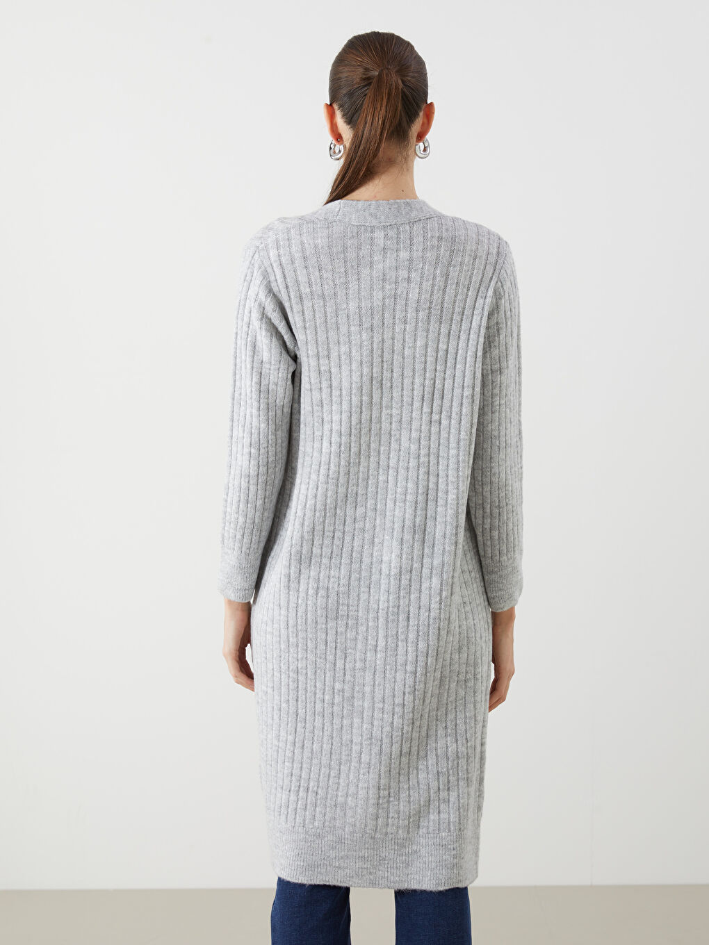 Gri Şal Yaka Oversize Kadın Triko Hırka-3