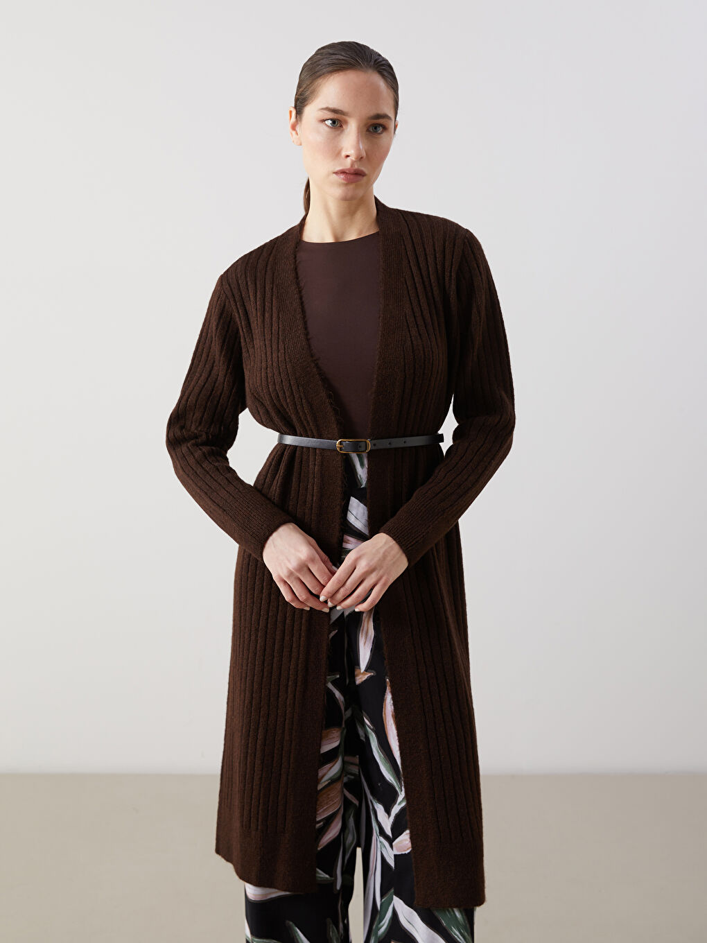 Kahverengi Şal Yaka Oversize Kadın Triko Hırka