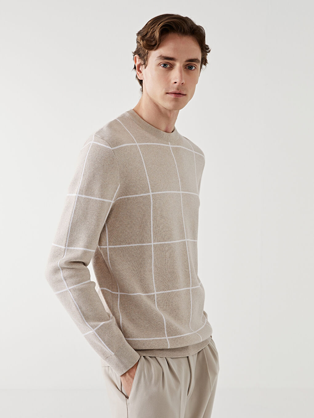 LCW Vision Crew Neck Long Sleeve Plaid Men's Knitwear Sweater -W40190Z8-HZZ