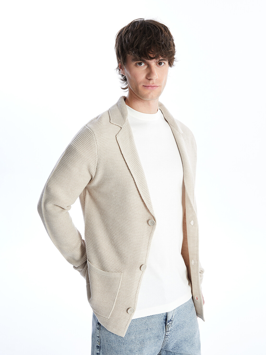 Bej Slim Fit Şal Yaka Erkek Triko Hırka-3