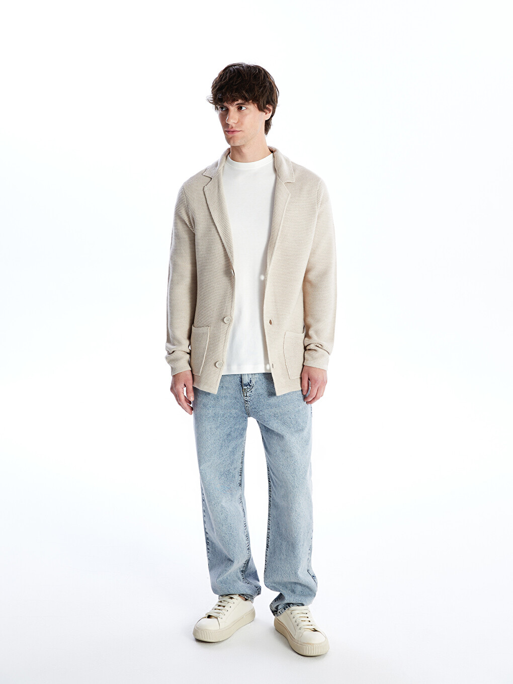 Bej Slim Fit Şal Yaka Erkek Triko Hırka-5