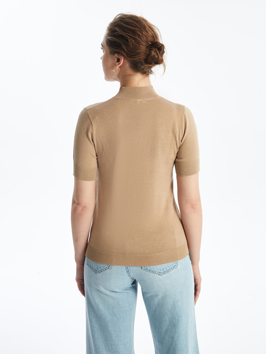 Funnel Neck Plain Short Sleeve Women's Knitwear Sweater-3