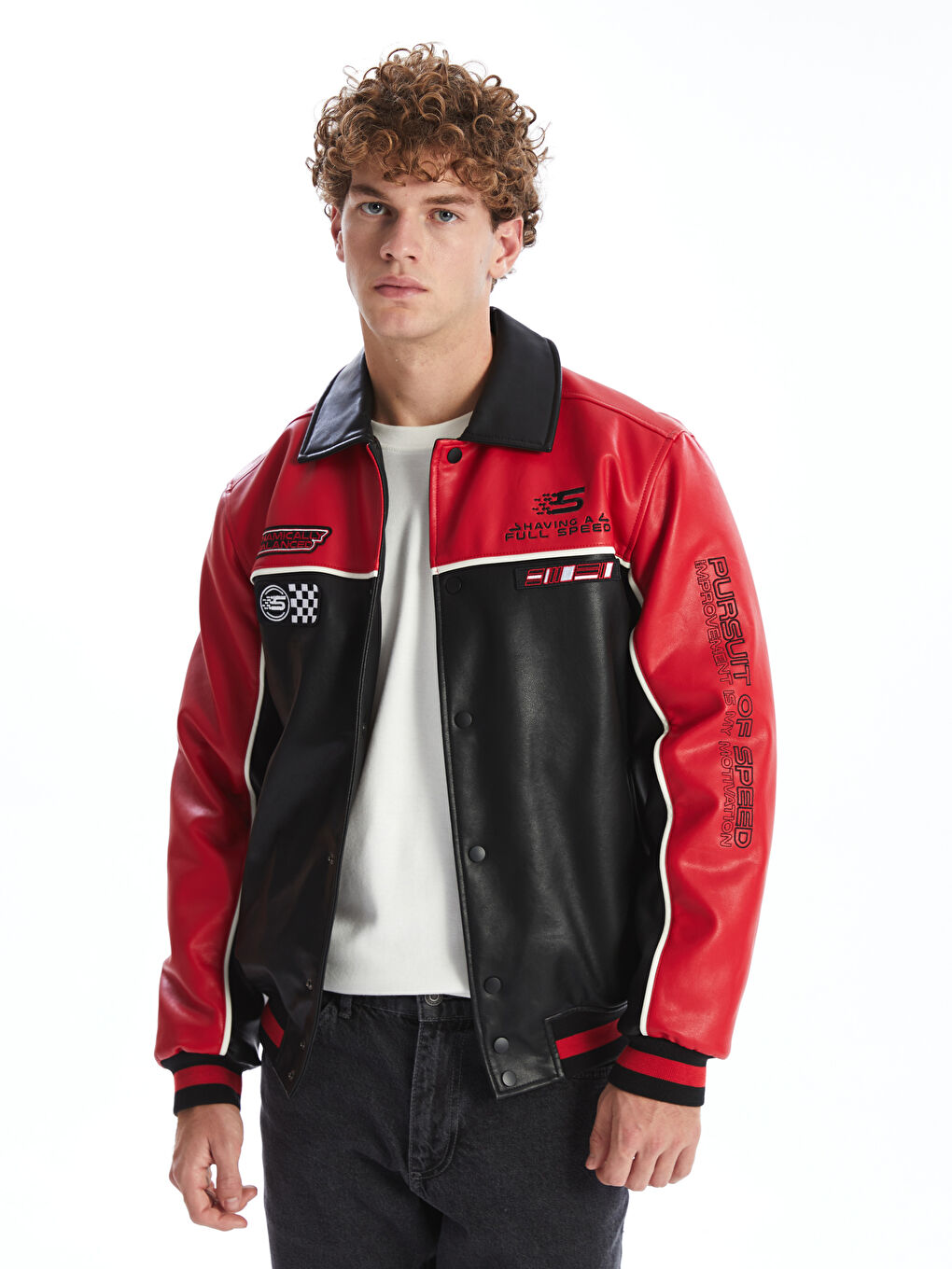 XSIDE Standard Fit Collared Neck Men's Leather Look Coat -W40457Z8-CVL