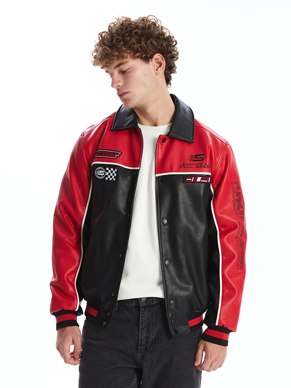 XSIDE Standard Fit Collared Neck Men's Leather Look Coat -W40457Z8-CVL
