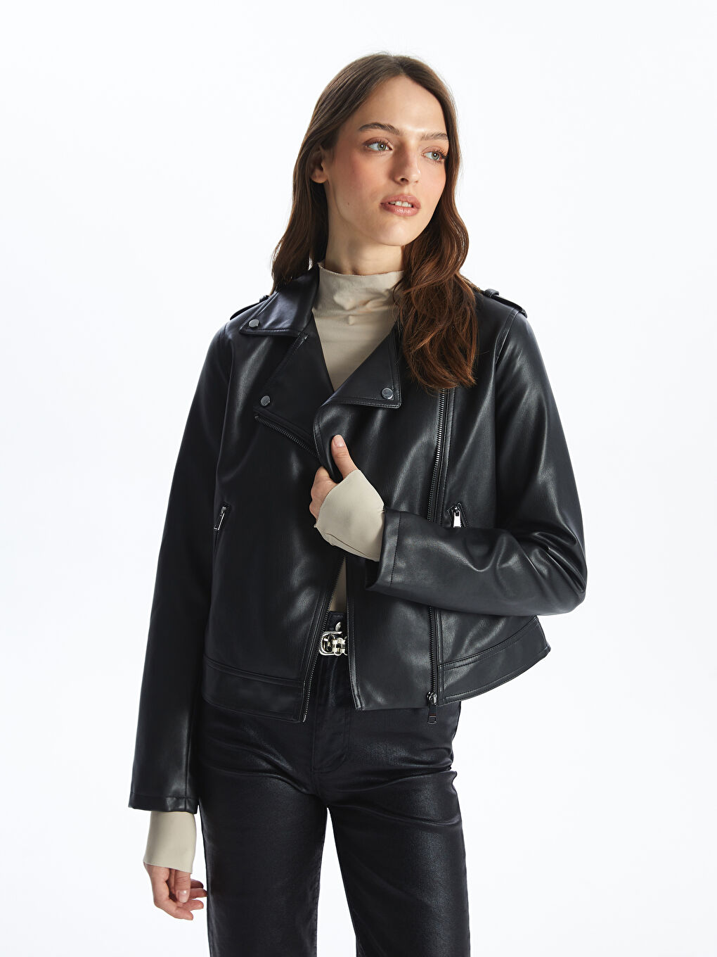 LCWAIKIKI Classic Biker Neck Women's Faux Leather Jacket -W40761Z8-CVL