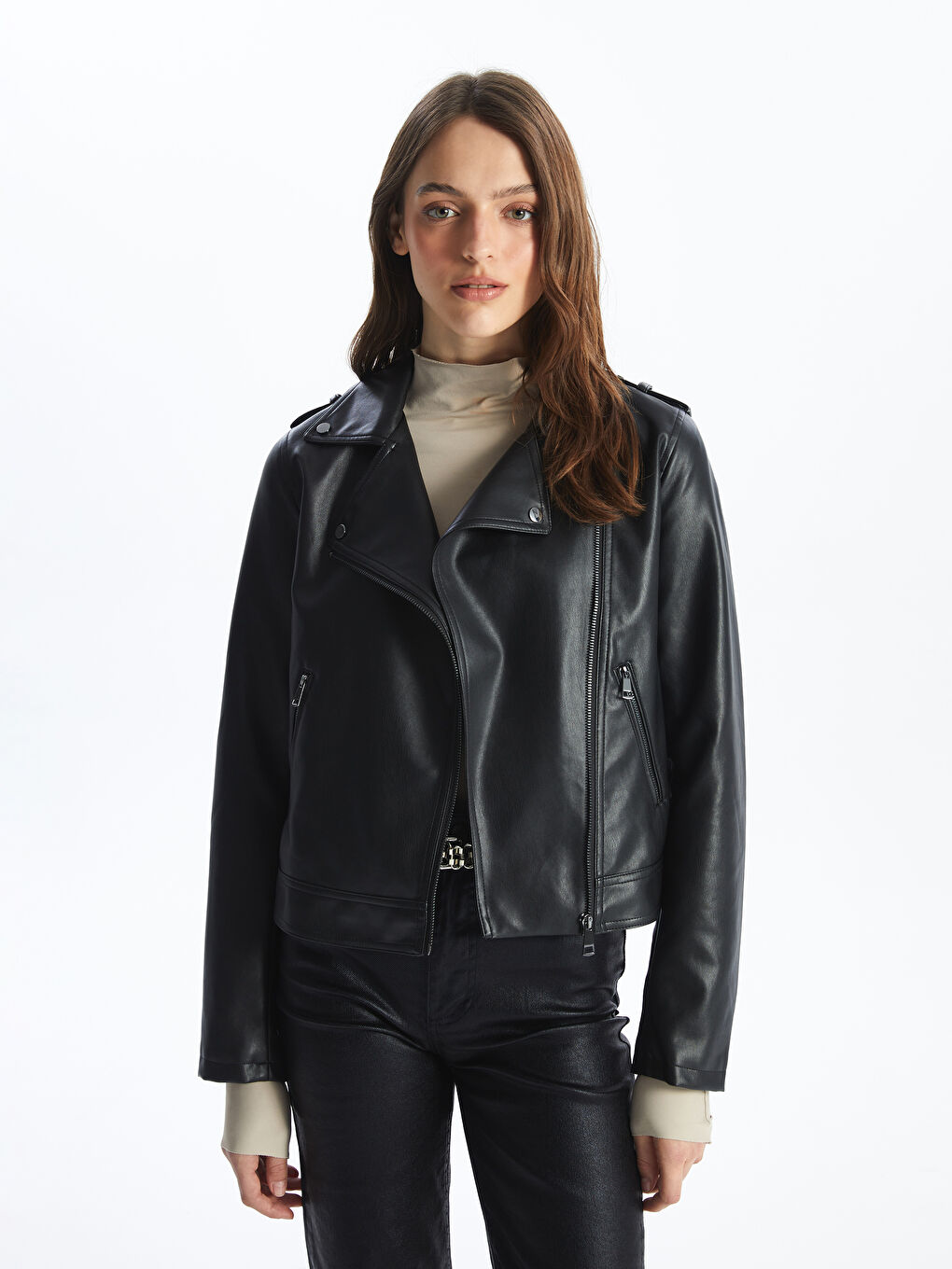 LCWAIKIKI Classic Biker Neck Women's Faux Leather Jacket -W40761Z8-CVL