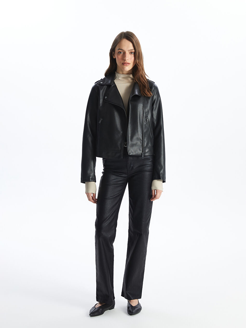 LCWAIKIKI Classic Biker Neck Women's Faux Leather Jacket -W40761Z8-CVL