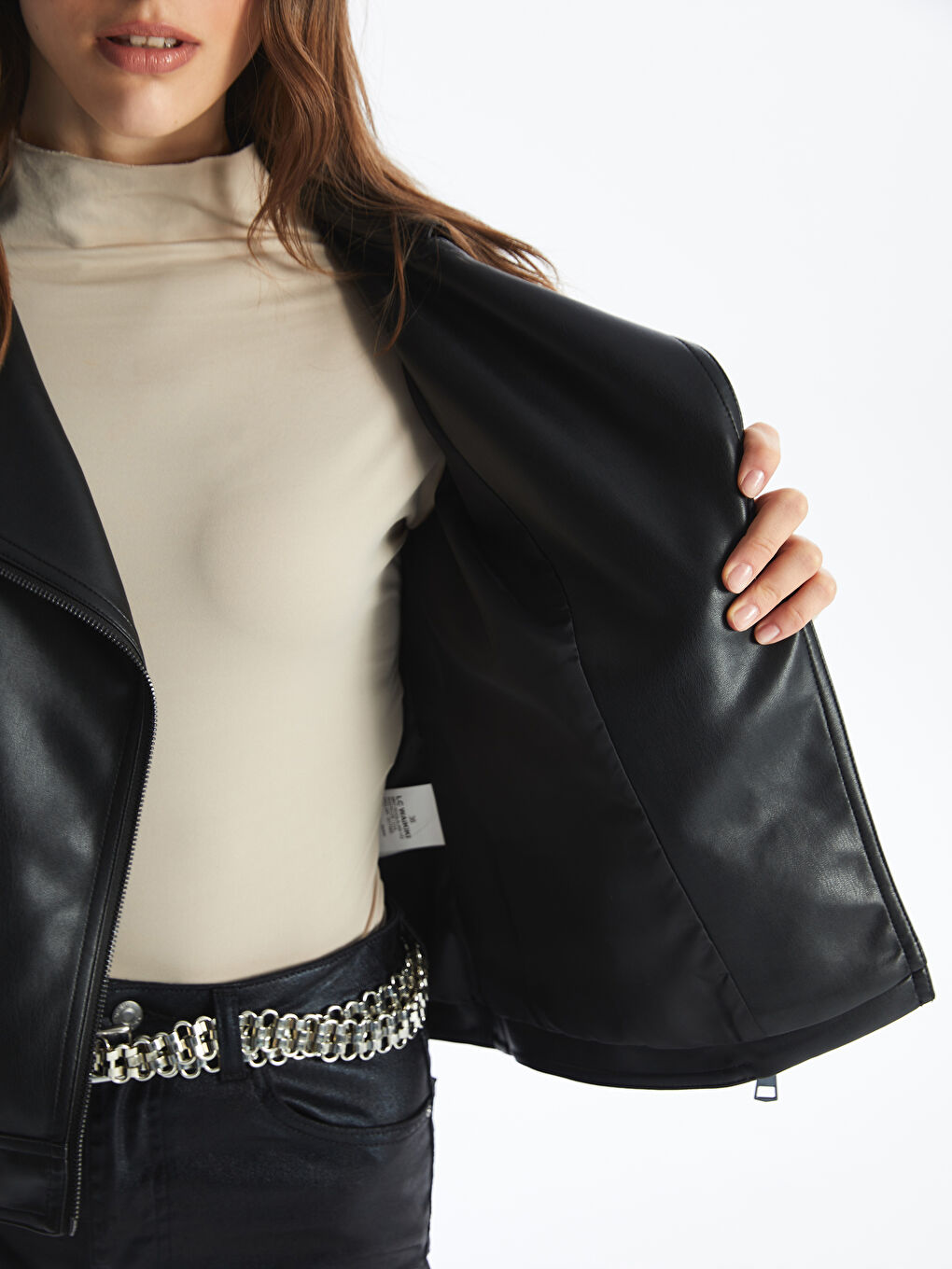 LCWAIKIKI Classic Biker Neck Women's Faux Leather Jacket -W40761Z8-CVL